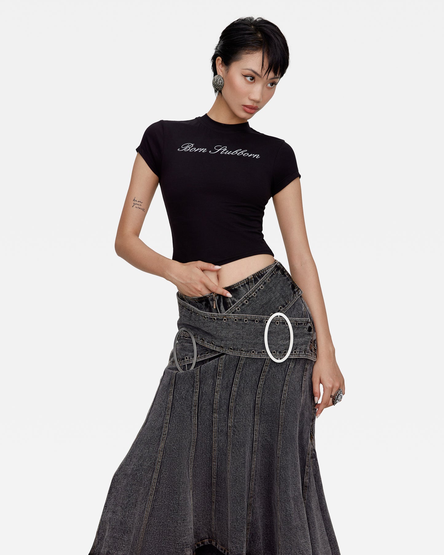 "BORN STUBBORN" MIDI SKIRT